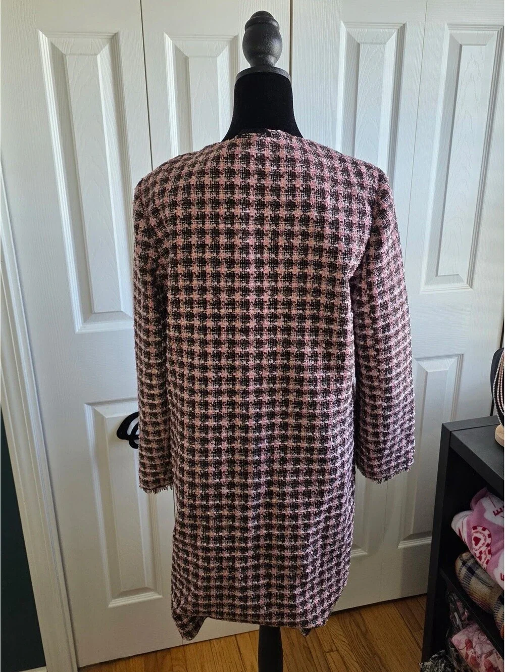 Kate Spade Pink Black Brown Enchanted Tweed Coat Crystal Rhinestone Buttons M